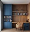 Home Office Design With Blue Storage and Wooden Desk