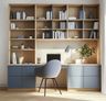 Denim Suedette Home Office Design With Wooden Open Bookshelf