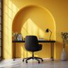 Home Office Design With Yellow Backdrop and Black Desk
