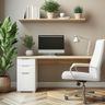 Home Office Design With Light Wood Desk and White Pedestal