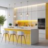 Island Kitchen Design in White and Marigold Yellow