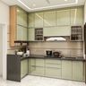 Olive Green L-Shaped Kitchen Design with Glossy Cabinets