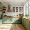 Sage Green Modern U-Shaped Kitchen Design with Suede Finish