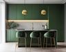 Green Island Kitchen Design with Gold Touches and Marble