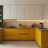 Marigold U-Shaped Kitchen Design with White Contrast and Warm Lighting