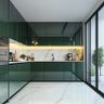 L-Shaped Kitchen Design With Green Cabinets and Marble Top