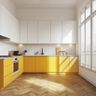 Yellow and White L-Shaped Kitchen Design With Wooden Flooring