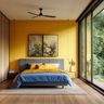 Master Bedroom Design with Mustard Yellow Walls and Blue Upholstered Bed