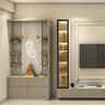 Cream Pooja Unit Design with Backlit Display Cabinet
