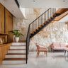 Tiled L-Shaped Staircase With Wood and Metal Touches