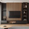 Matte Black TV Unit Design with Vertical Slats and Concealed Cabinets