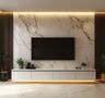 Off-White TV Unit Design With Marble Top and Hidden Storage