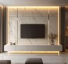 Off-White TV Unit Design With Marble Wall and Lighting