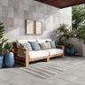 Balcony Design with Large Light-Gray Textured Tiles and Large Wooden Sofa