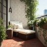 Balcony Design with Wicker Lounger, Geometric and Floral Motifs and Patterned Tile Wall