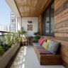 Balcony Design with Wooden Bench, Cane Chair, and Bamboo Ceiling