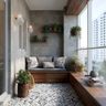 Balcony Design with Patterned Tiles and Cushioned Bench