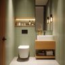 Green and Off-White Bathroom Design with Wooden Vanity and Brass Fixtures