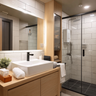 Compact bathroom with black-framed shower, wooden vanity, and efficient storage