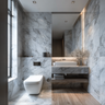 Bathroom with marble walls, wooden flooring, and floating vanity