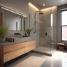 Bathroom with black shower hardware, wooden vanity, and natural light