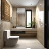 Bathroom Design with Beige Stone Wall Texture and Backlit Mirror