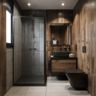 Bathroom Design with Wood Vanity and Geometric Patterned Flooring