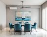 Dining Room Design with Teal Chairs and Maritime Artwork