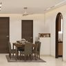Dining room with wooden furniture and warm neutral tones