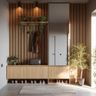 Foyer Design with Vertical Wood Slats and Mirror Storage