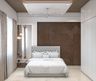 Guest bedroom with tufted bed, wood accent wall, pendant lights, and white wardrobe