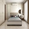 Small guest bedroom with glossy wardrobe, round mirror, neutral bed, and large windows