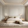 Guest Bedroom Design With Wall Mouldings and Cream Upholstered Bed