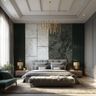 Guest Bedroom Design With Marble Wall and Velvet Tufted Grey Upholstery Bed