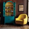 Home Bar Design with Teal Finish, Concealed Cabinets and Glass Shelving