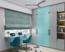 Silver and Aqua Green Home Office Design with Two Swivel Chairs and Open Shelves