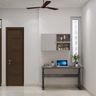 Grey Home Office Design with Rectangular Desk, Overhead Cabinets and Open Shelving