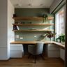 Home office with L-shaped desk, floating wooden shelves, and green accent wall