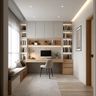 Home office with built-in shelves, window seat, and integrated LED lighting