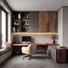 Home office with U-shaped wooden desk, accent lighting, and window seating area