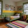 Kids Bedroom Design with Green Metal Single Bed Frame and Gallery Wall