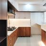 U-Shaped Kitchen Design with Marble Countertop and Walnut and White Cabinets