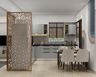 L-Shaped Kitchen Design with Silver Frost Finish, Shelving and Granite Top