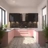 Pink and black U-shaped kitchen with marble backsplash and patterned tile flooring