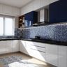 Blue and white L-Shaped  kitchen with mosaic backsplash and under-cabinet lighting