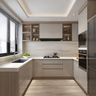 Neutral-toned U-Shaped kitchen with open shelving, modern appliances, and soft under-cabinet lighting