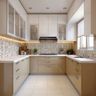 Beige U-shaped kitchen with mosaic backsplash and warm under-cabinet lighting