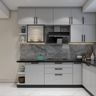 U-Shaped Kitchen Design with Grey Suede Finish and Marble Backsplash