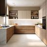 U Shaped Kitchen Design with Cream Cabinets and Marble Countertop