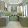 U Shaped Kitchen Design with Quartz Counter and Glass Cabinets